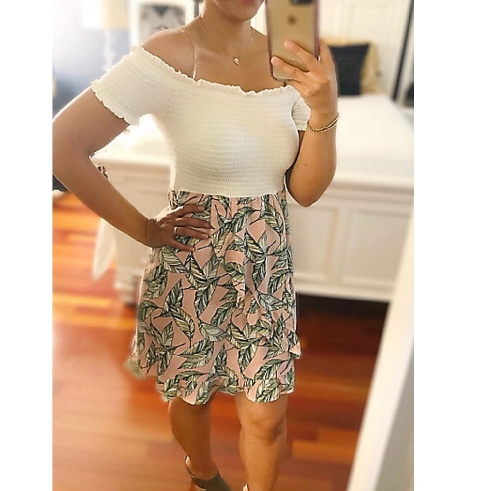 BNWT🌸 OFF THE SHOULDER PINK PALM DRESS CUTE BOHO